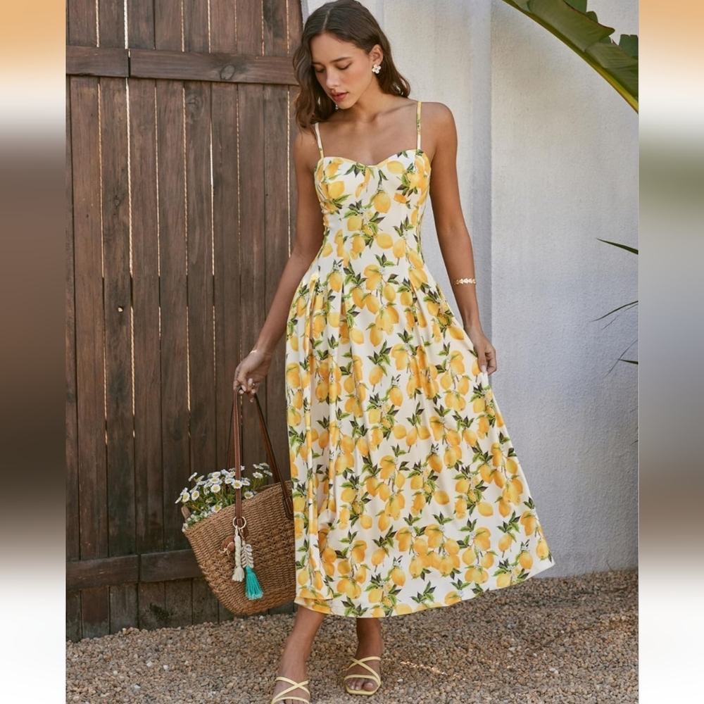 Lemon Print Spaghetti Strap Dress - Small